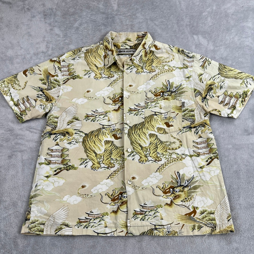 Rusty Dragon Pagoda Print Button Up Shirt L Tan Y2K Surf Streetwear Asian VTG